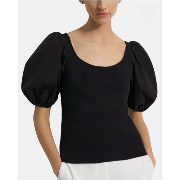 THEORY GLOSSE PUFF SHORT SLEEVE TOP RIBBED STRETCH KNIT SCOOP NECK Size Small - Picture 1 of 11
